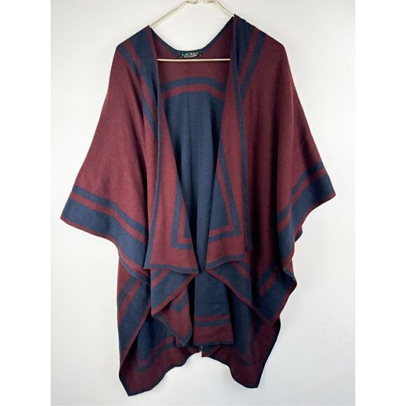 Lauren Ralph Lauren Women's Reversible Knit Striped Border Ruana Poncho Cape - Picture 1 of 5